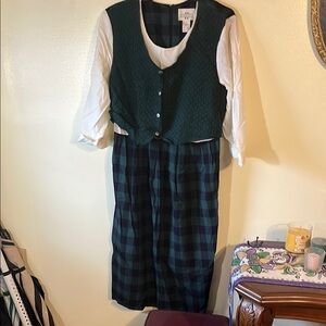 Green and White Plaid Dress with Vest